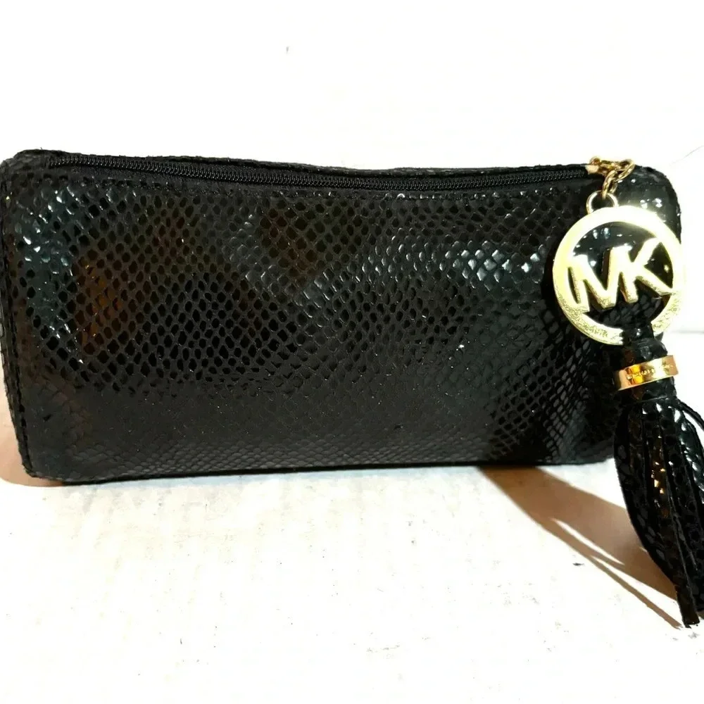 Michael kors black faux snakeskin metallic cosmetic bag